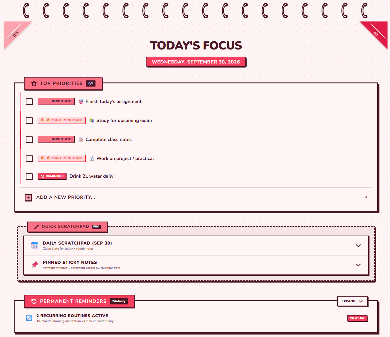 Todoal minimalist to-do list and daily task planner interface dashboard showing daily priorities and habits